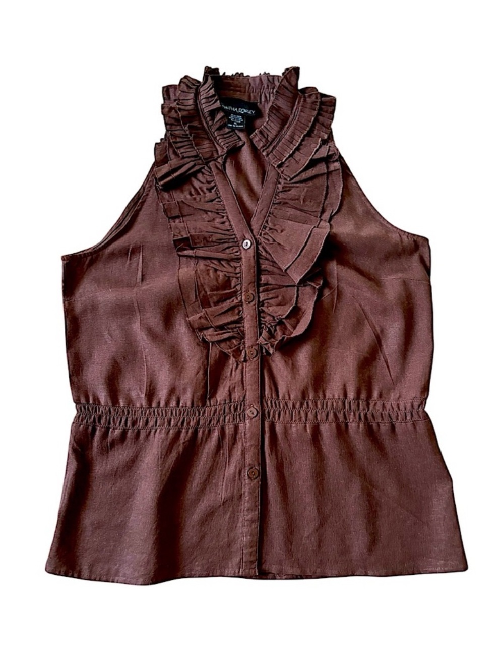 Cynthia Rowley Brown Ruffled Sleeveless Button-Front Blouse - Picture 2 of 5